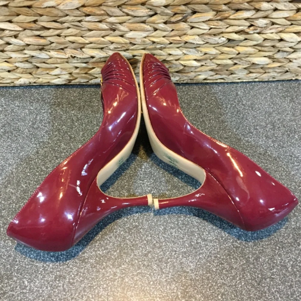 Salvatore Ferragamo Burgundy Patent Peep-Toe Heels with Gold Accent